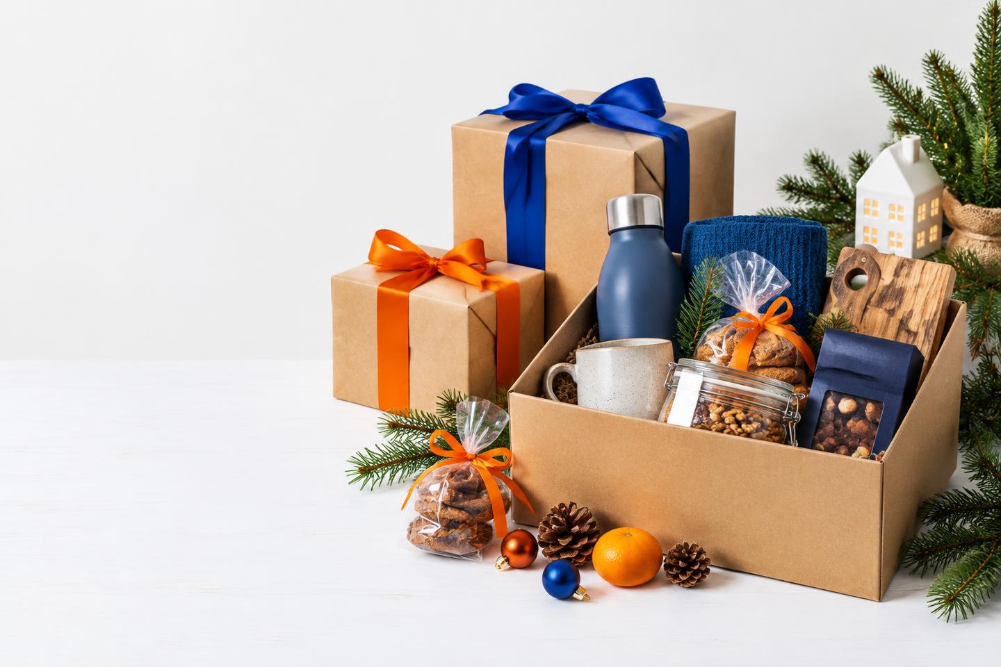 Feestelijke kerstpakketten met cadeaus, blauw en oranje lint
