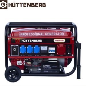 Noodstroom Huttenberg H8500W Generator – Elektrische Start – 230V/380V – Krachtig Benzine Aggregaat – IJzeren Frame & Wielen – Professionele Stroomvoorziening Noodpakket