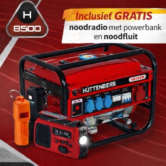 Huttenberg – Beste koop van het jaar – stille generator 2.5 kW – noodstroom aggregaat benzine – mobiele stroomgenerator 2500 watt – compact & geluidsarm – camping, caravan & thuis – 230V / 380V – inclusief GRATIS noodfluit en noodradio (powerbank)