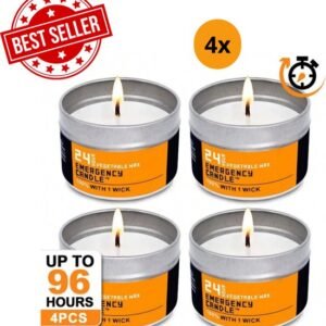 Noodpakket- Noodkaarsen Set van 4 (96 Uur Brandtijd) – Perfect Voor Survival Kits, kamperen, Rampen, Calamiteiten & Stroomuitval | Stalen Blik Kaarsen Met Geurloze Wax | Betrouwbaar Licht Voor Overleven & Noodpakketten!