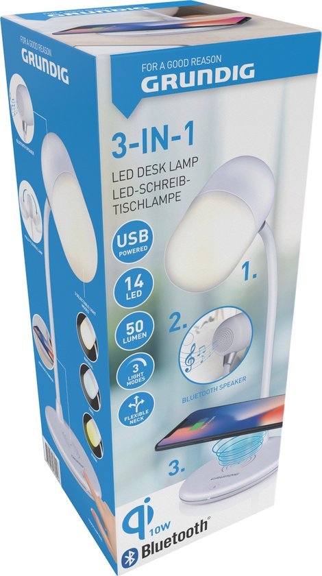 Grundig Bureaulamp Led 3-in-1 - Draadloze Telefoonoplader Qi Technologie - Bluetooth Speaker - Leeslamp - Wit