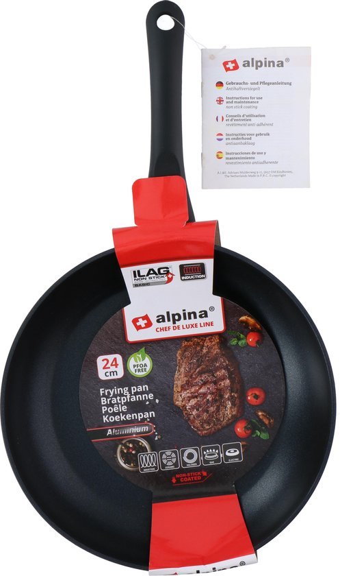 alpina Koekenpan 24 cm - Hapjespan met Anti-Aanbaklaag - Skillet voor Alle Warmtebronnen - Ook voor Inductie - PFOA-Vrij - Zwart