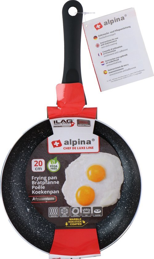 alpina Koekenpan 20 cm - Hapjespan met Anti-Aanbaklaag - Skillet voor Alle Warmtebronnen - Ook voor Inductie - PFOA-Vrij - Zwart