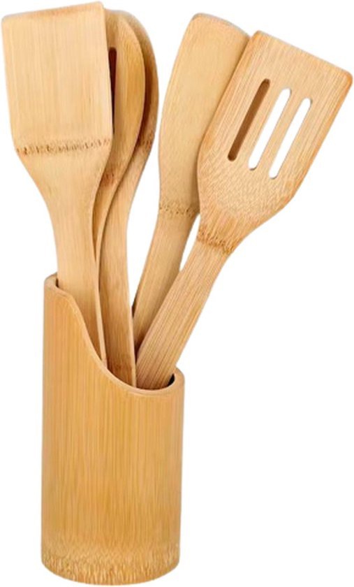 Bamboe Keukengerei Set - Bruin - Bamboe - 5 Stuks bestek - Houder - Keuken - Koken - Keukenaccessoires