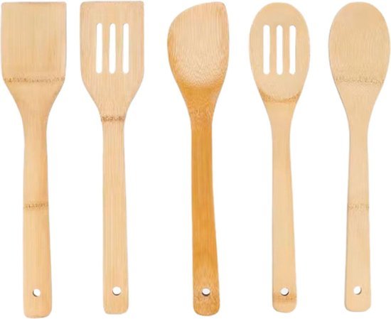 Bamboe Keukengerei Set - Bruin - Bamboe - 5 Stuks bestek - Houder - Keuken - Koken - Keukenaccessoires