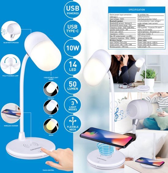 Grundig Bureaulamp Led 3-in-1 - Draadloze Telefoonoplader Qi Technologie - Bluetooth Speaker - Leeslamp - Wit